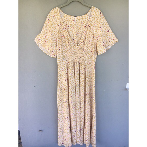 Free People Full Bloom Dress XS Floral Smocked Midi V-Neck Boho Cottage - Picture 3 of 16